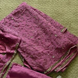 Embroidered lavender Indian saree with blouse and skirt